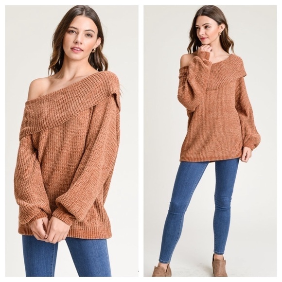 Solid Knit Chenille Sweater with Folder Neck - Picture 5 of 7